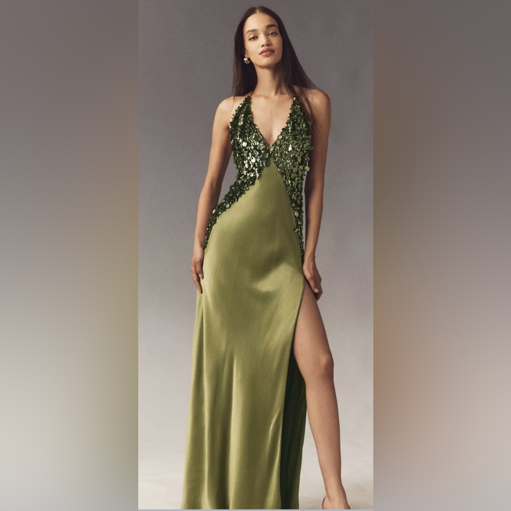 Bardot Yve Sequin Satin Halter-Neck Dress **SLIT CLOSED**
